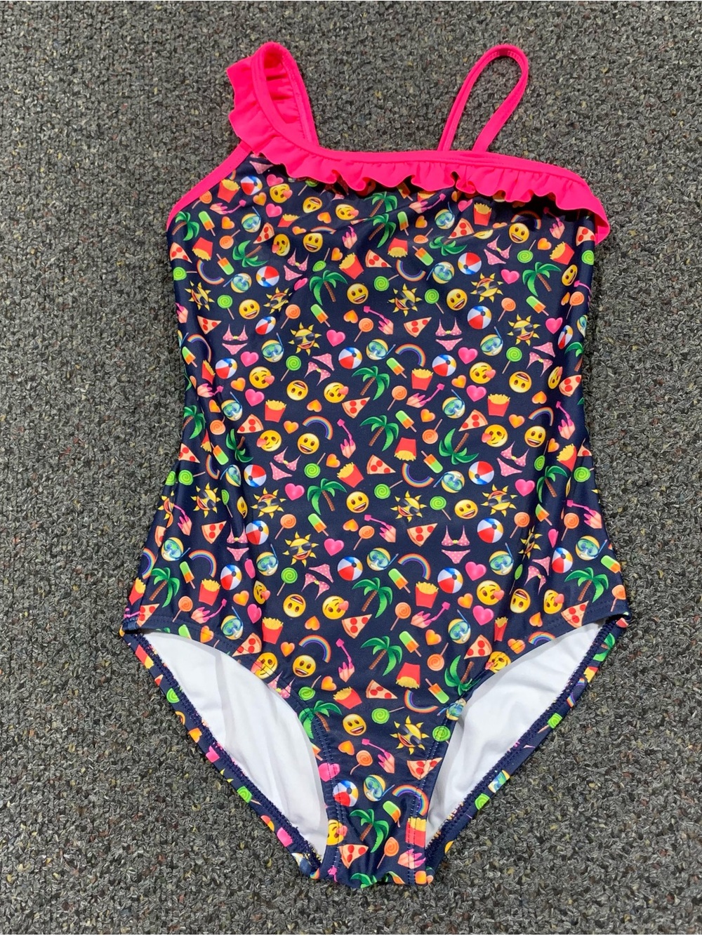 Emoji brand girls 7/8 multi colored one piece swimsuit featuring a ruffle trim